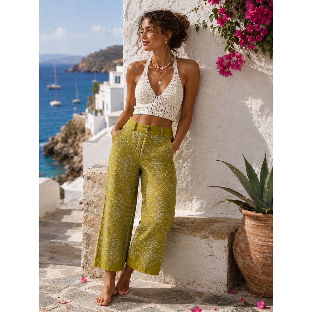 Calypso St Barth Chartreuse Green Embroidered Linen Blend Wide Leg Crop Pants XS